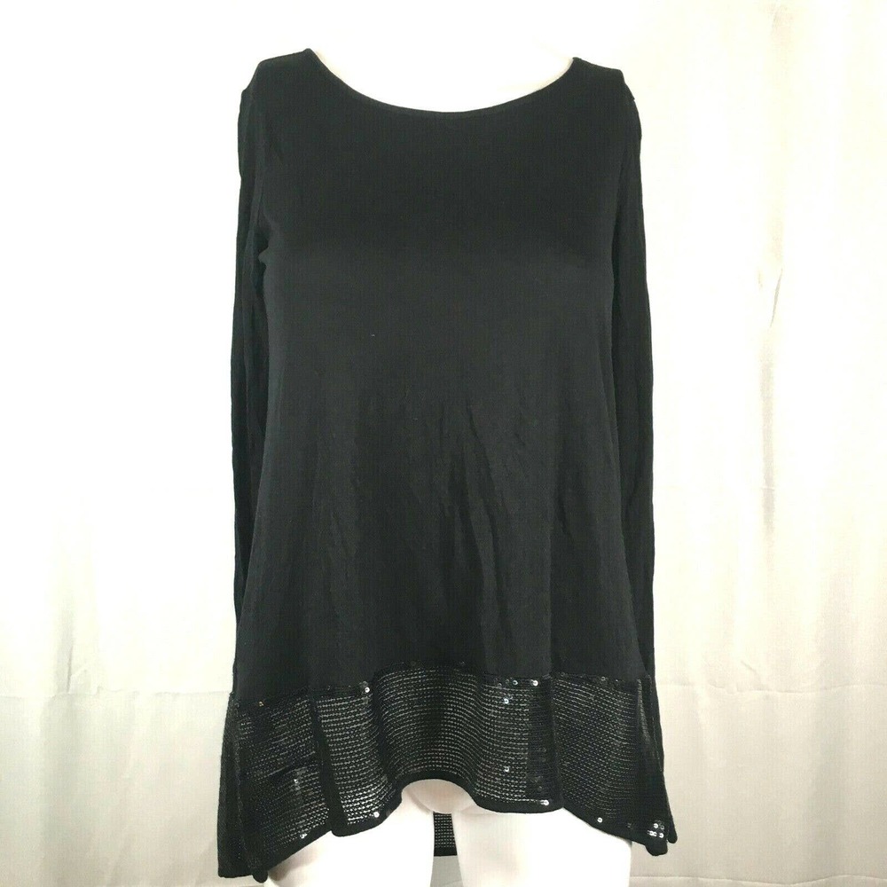 BCBGMAXAZRIA Shirt Womens Sz XXS Black Stretch Sequin Trim‎ Flowy Long Sleeve